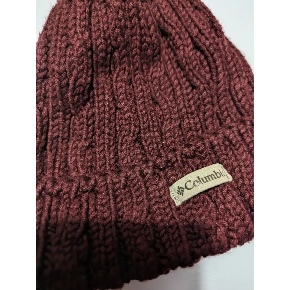 Columbia Beanie Womens One Size Brown Cable Knit Fleece Lined Pom Beanie Red